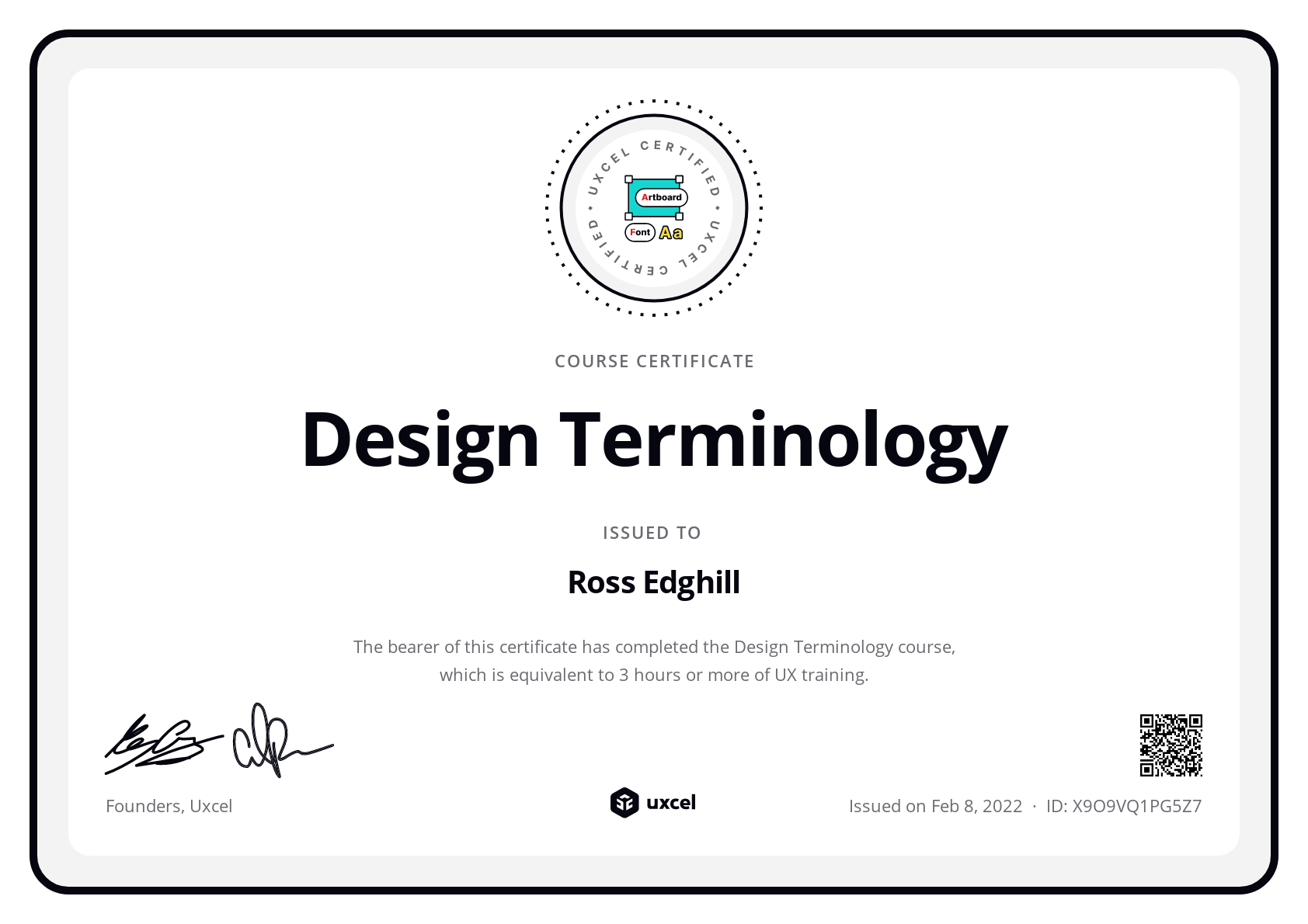 Ross Edghill's certificate